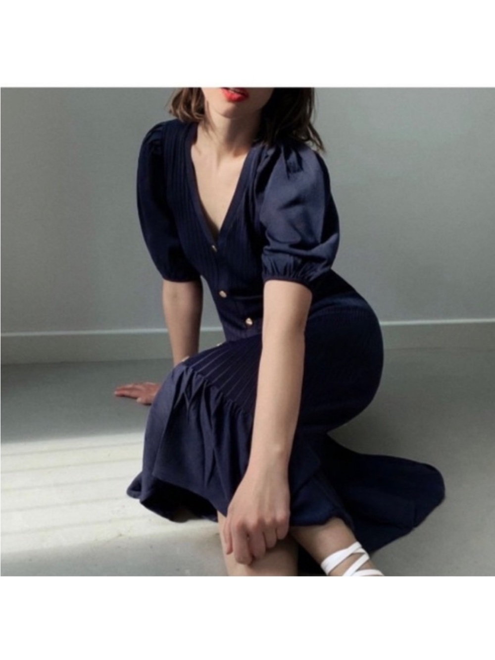 NWT Zara Navy Blue Ribbed Knit Puff Sleeve Midi Dress with Gold Button Detail S